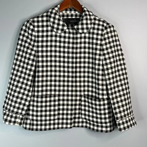 ZARA Blazer Black White Gingham Checkered Snap Closure Pockets Preppy Size S - Picture 12 of 12